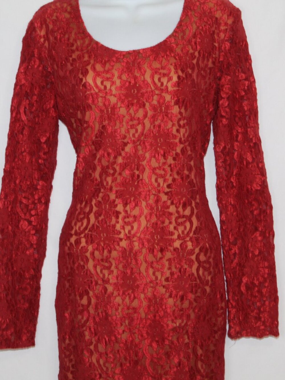 Vtg 90s women's dress size L red nude illusion long sleeve tight fitting flapper - Picture 6 of 14